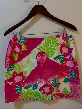 Lilly Pulitzer Parrot Tropical Print Mini Skirt Size 6 Pink Green Cotton